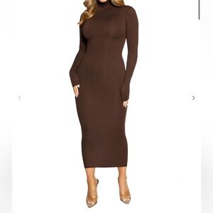 NAKED WARDROBE - BROWN MIDI TURTLENECK DRESS